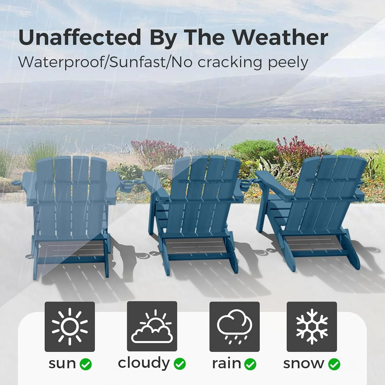 Folding Adirondack Chair with Wood Texture, HDPE All-Weather Fire Pit Chairs, Plastic Adirondack Chairs with 2 Cup Holder, Outdoor Lawn Chair for Patio Garden (Navy Blue)