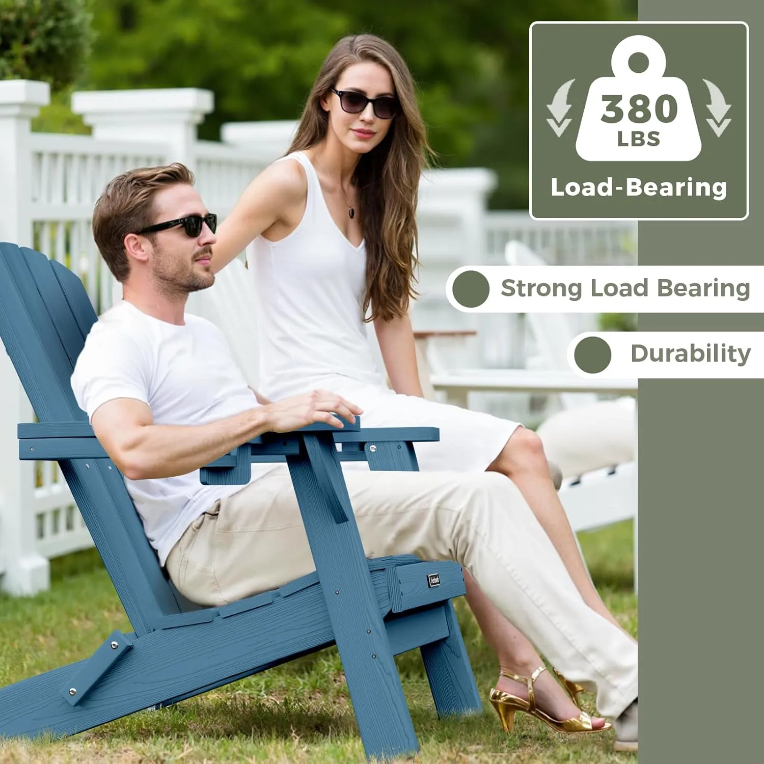 Folding Adirondack Chair with Wood Texture, HDPE All-Weather Fire Pit Chairs, Plastic Adirondack Chairs with 2 Cup Holder, Outdoor Lawn Chair for Patio Garden (Navy Blue)