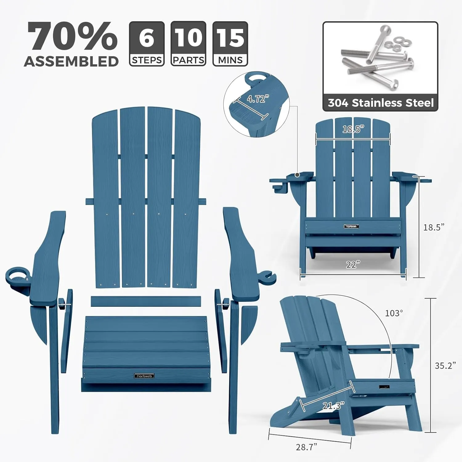 Folding Adirondack Chair with Wood Texture, HDPE All-Weather Fire Pit Chairs, Plastic Adirondack Chairs with 2 Cup Holder, Outdoor Lawn Chair for Patio Garden (Navy Blue)