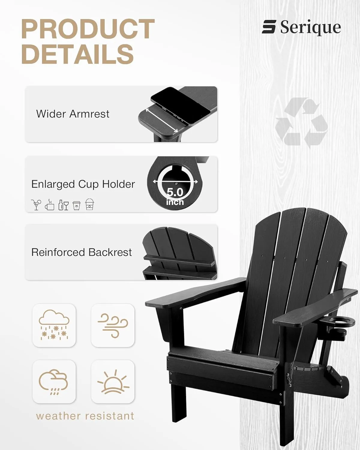 Folding Adirondack Chair Wood Texture, Patio Chairs Weather Resistant, Outdoor Chair, Lawn Chair with Cup Holder, Fire Pit Chair for Deck, Outdoor, Porch, Backyard, Garden (Black)