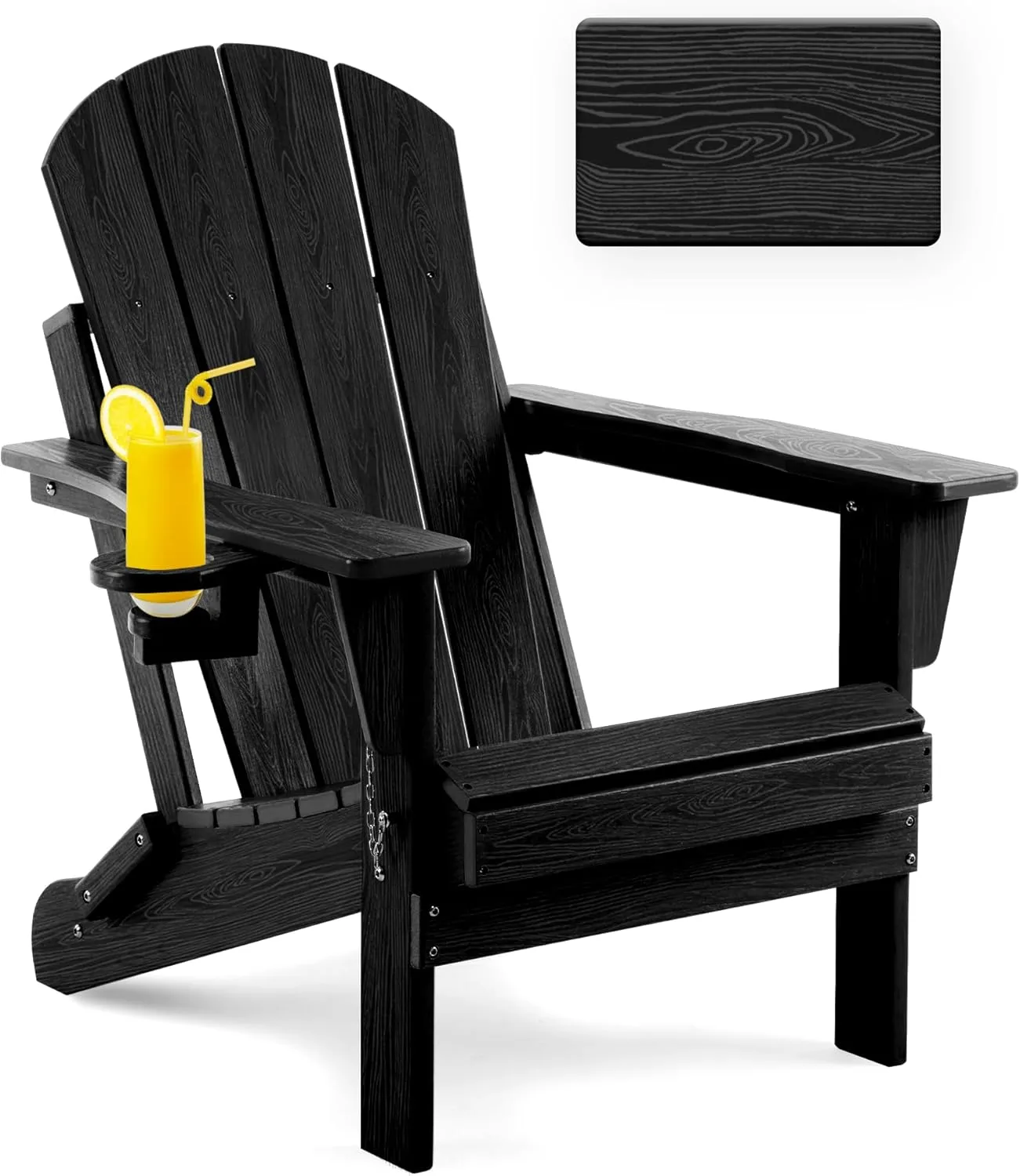 Folding Adirondack Chair Wood Texture, Patio Chairs Weather Resistant, Outdoor Chair, Lawn Chair with Cup Holder, Fire Pit Chair for Deck, Outdoor, Porch, Backyard, Garden (Black)