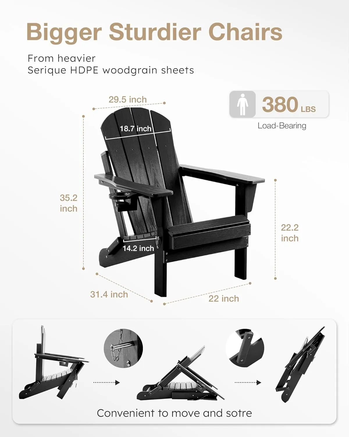 Folding Adirondack Chair Wood Texture, Patio Chairs Weather Resistant, Outdoor Chair, Lawn Chair with Cup Holder, Fire Pit Chair for Deck, Outdoor, Porch, Backyard, Garden (Black)