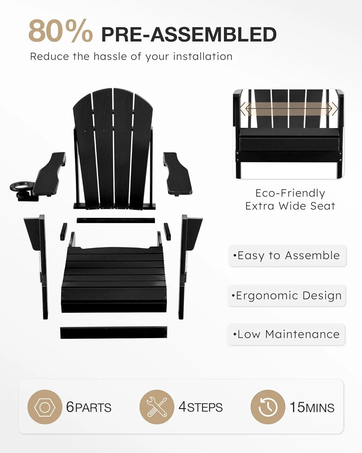 Folding Adirondack Chair Wood Texture, Patio Chairs Weather Resistant, Outdoor Chair, Lawn Chair with Cup Holder, Fire Pit Chair for Deck, Outdoor, Porch, Backyard, Garden (Black)