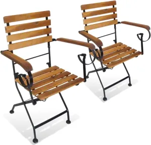 Folding Patio Chairs 2 Pack Steel and Solid Acacia Wood Brown Outdoor Furniture for Garden, Poolside, Camping