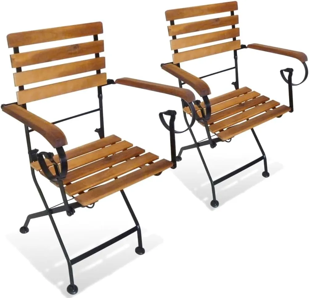 Folding Patio Chairs 2 Pack Steel and Solid Acacia Wood Brown Outdoor Furniture for Garden, Poolside, Camping