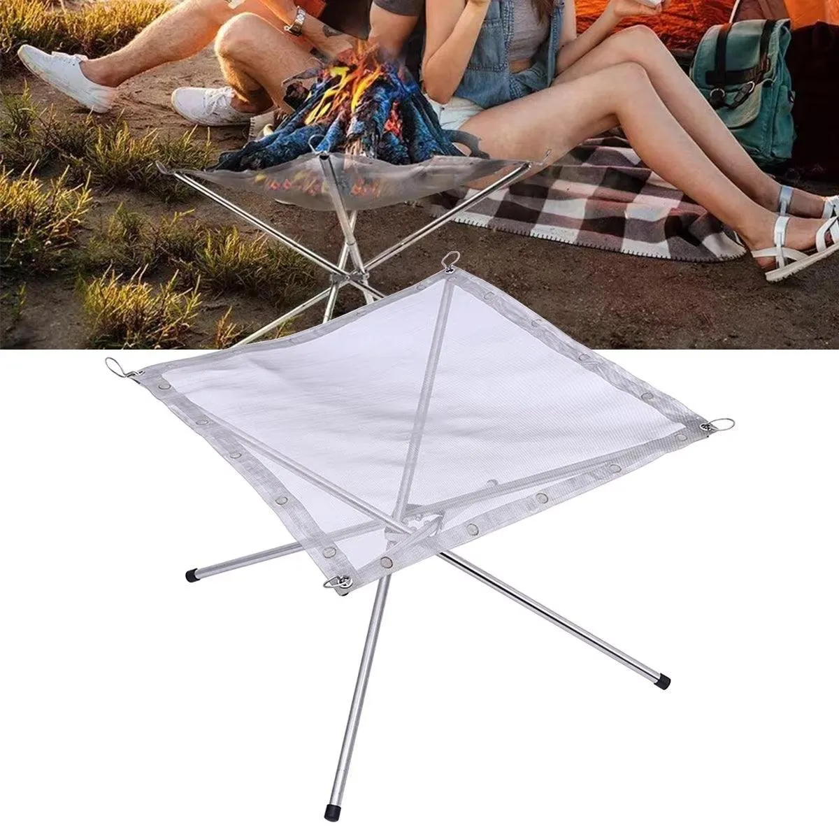 Folding Stainless Steel Mesh Fire Pit Outdoor Camping Hiking Portable Fireplace