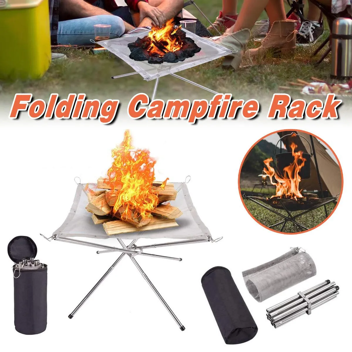Folding Stainless Steel Mesh Fire Pit Outdoor Camping Hiking Portable Fireplace