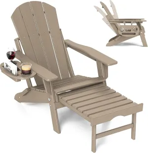FOOWIN Adirondack Chair with Retractable Ottoman,HDPE Folding Adjustable Adirondack Chair w/4 in 1 Cup Holder Trays,All-Weather Resistant Fire Pit Chair for Outdoor Patio Lawn Oversized Outdoor Chair