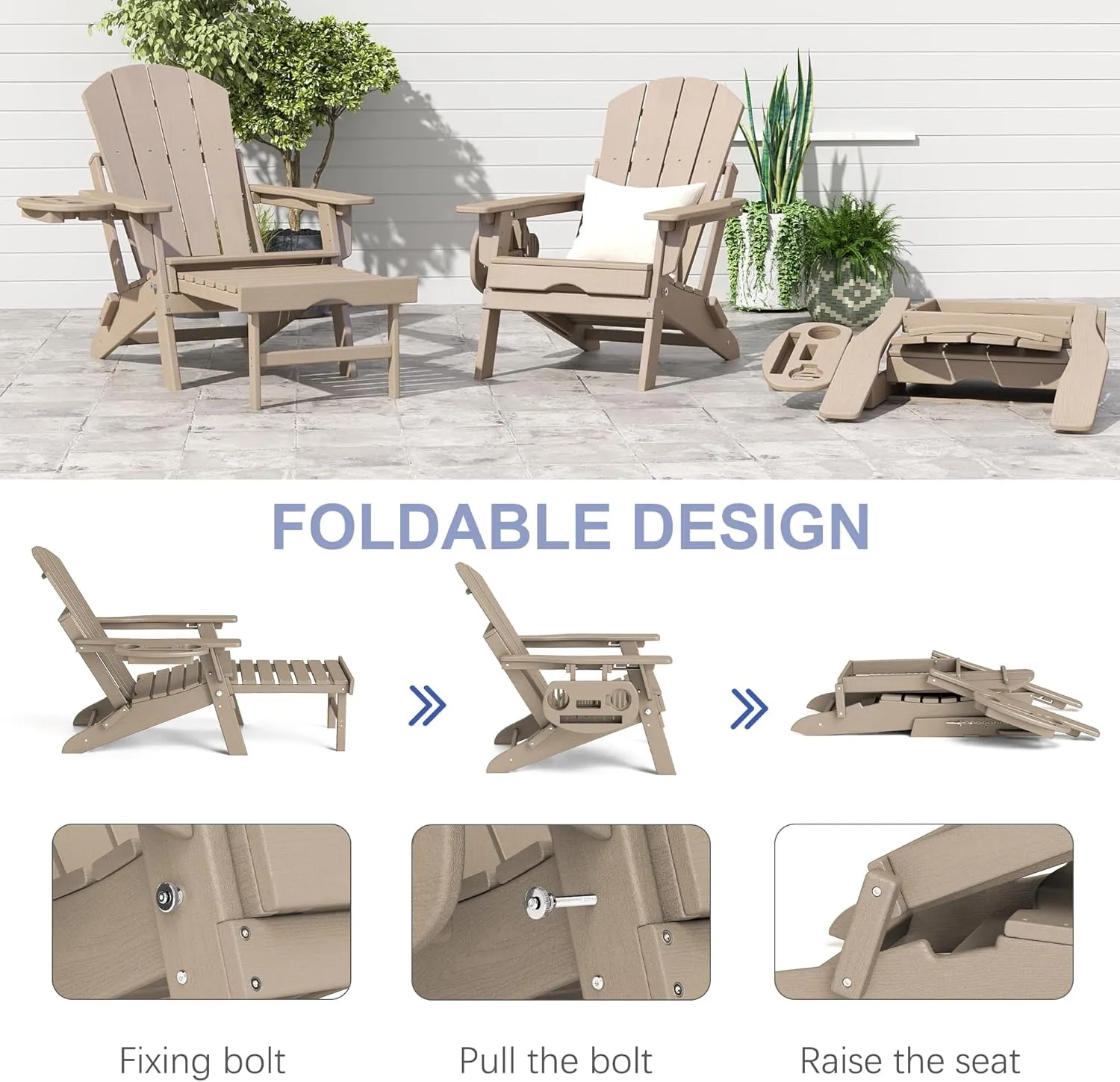 FOOWIN Adirondack Chair with Retractable Ottoman,HDPE Folding Adjustable Adirondack Chair w/4 in 1 Cup Holder Trays,All-Weather Resistant Fire Pit Chair for Outdoor Patio Lawn Oversized Outdoor Chair