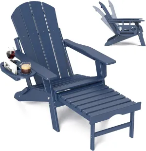 FOOWIN Adirondack Chair with Retractable Ottoman,HDPE Folding Adjustable Adirondack Chair w/4 in 1 Cup Holder Trays,All-Weather Resistant Fire Pit Chair for Outdoor Patio Lawn Oversized Outdoor Chair