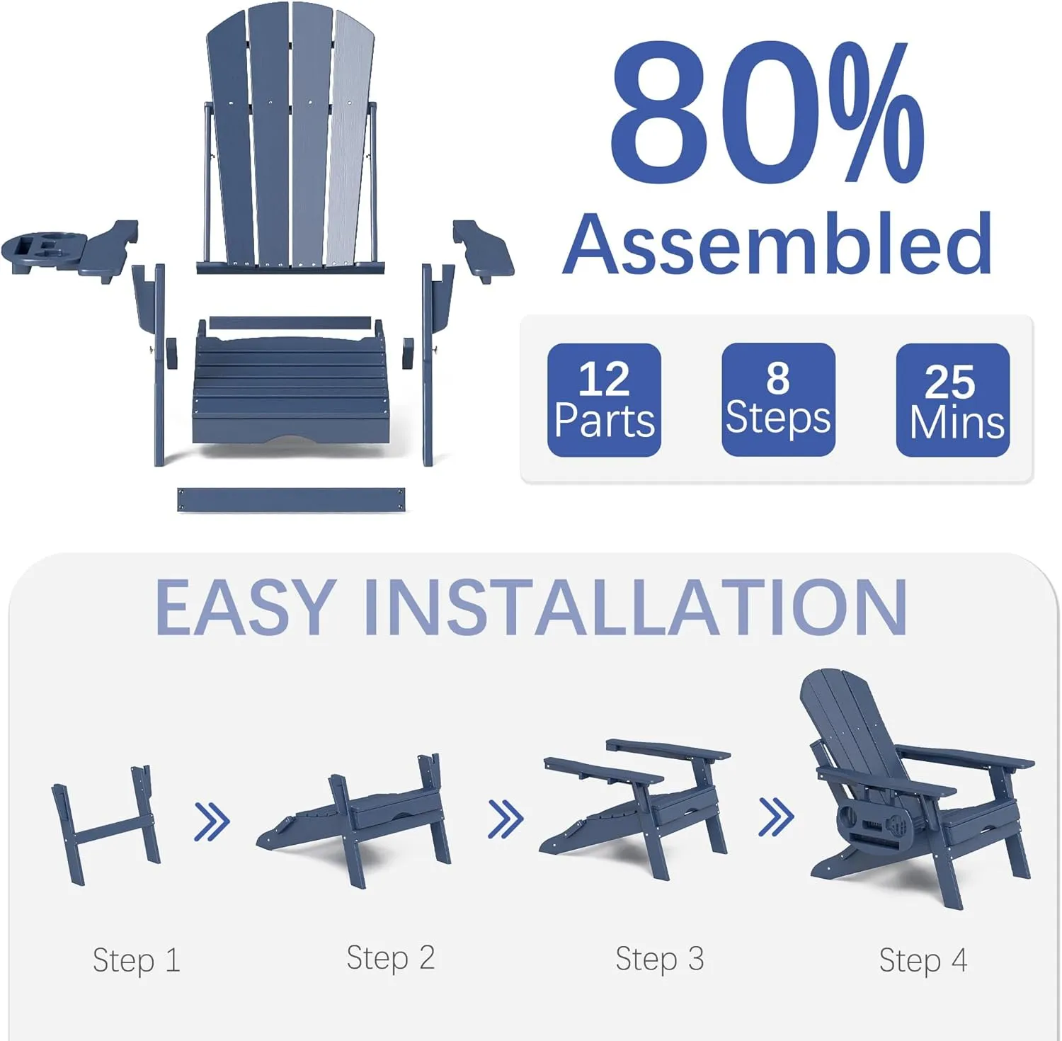 FOOWIN Adirondack Chair with Retractable Ottoman,HDPE Folding Adjustable Adirondack Chair w/4 in 1 Cup Holder Trays,All-Weather Resistant Fire Pit Chair for Outdoor Patio Lawn Oversized Outdoor Chair