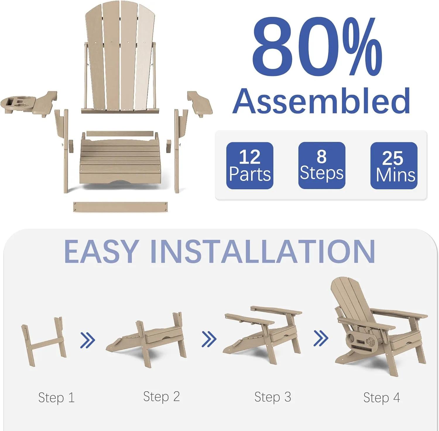 FOOWIN Adirondack Chair with Retractable Ottoman,HDPE Folding Adjustable Adirondack Chair w/4 in 1 Cup Holder Trays,All-Weather Resistant Fire Pit Chair for Outdoor Patio Lawn Oversized Outdoor Chair