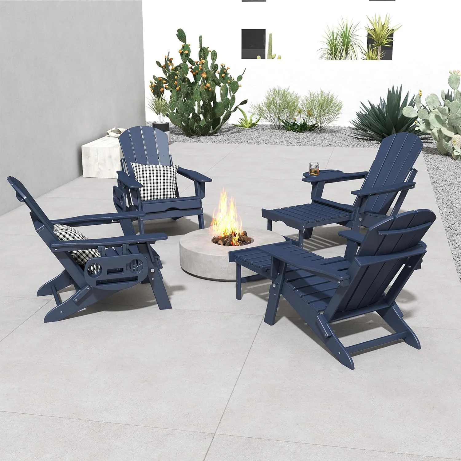 FOOWIN Adirondack Chair with Retractable Ottoman,HDPE Folding Adjustable Adirondack Chair w/4 in 1 Cup Holder Trays,All-Weather Resistant Fire Pit Chair for Outdoor Patio Lawn Oversized Outdoor Chair