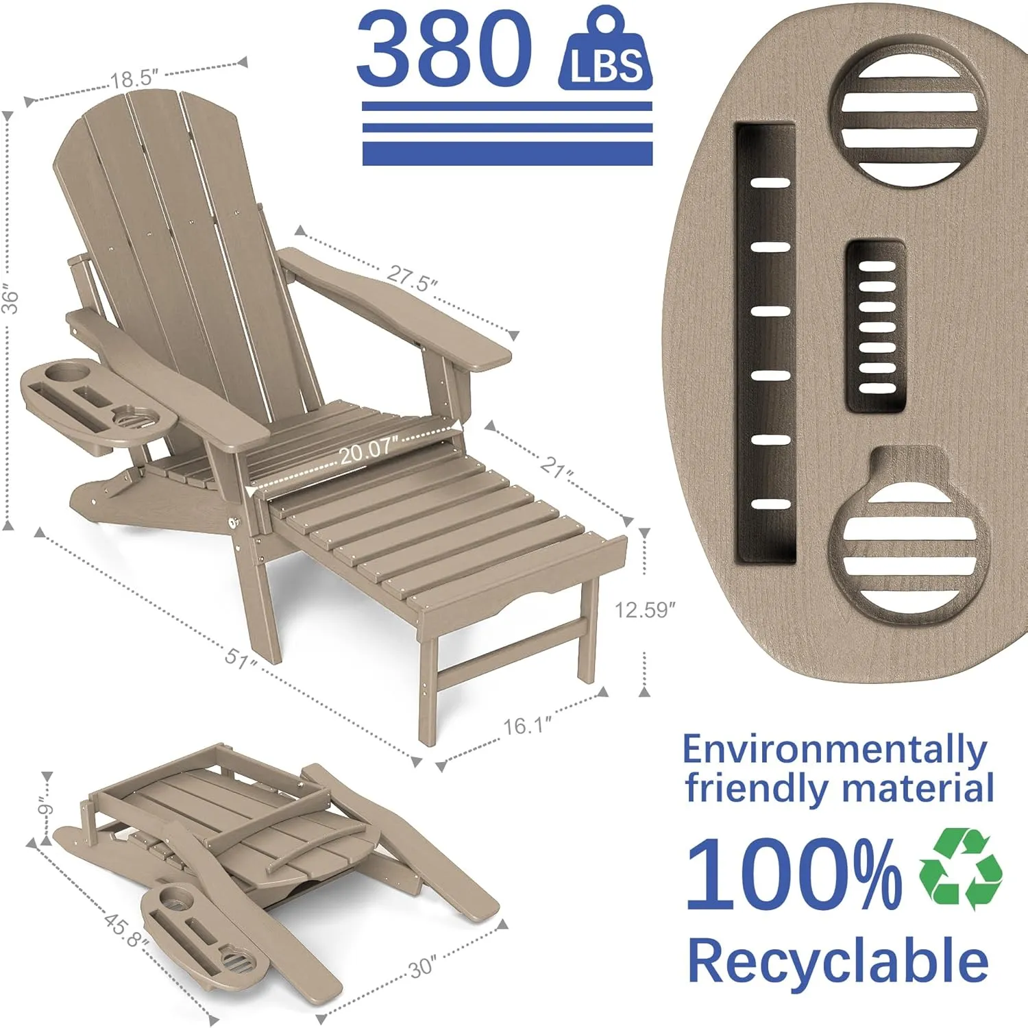 FOOWIN Adirondack Chair with Retractable Ottoman,HDPE Folding Adjustable Adirondack Chair w/4 in 1 Cup Holder Trays,All-Weather Resistant Fire Pit Chair for Outdoor Patio Lawn Oversized Outdoor Chair