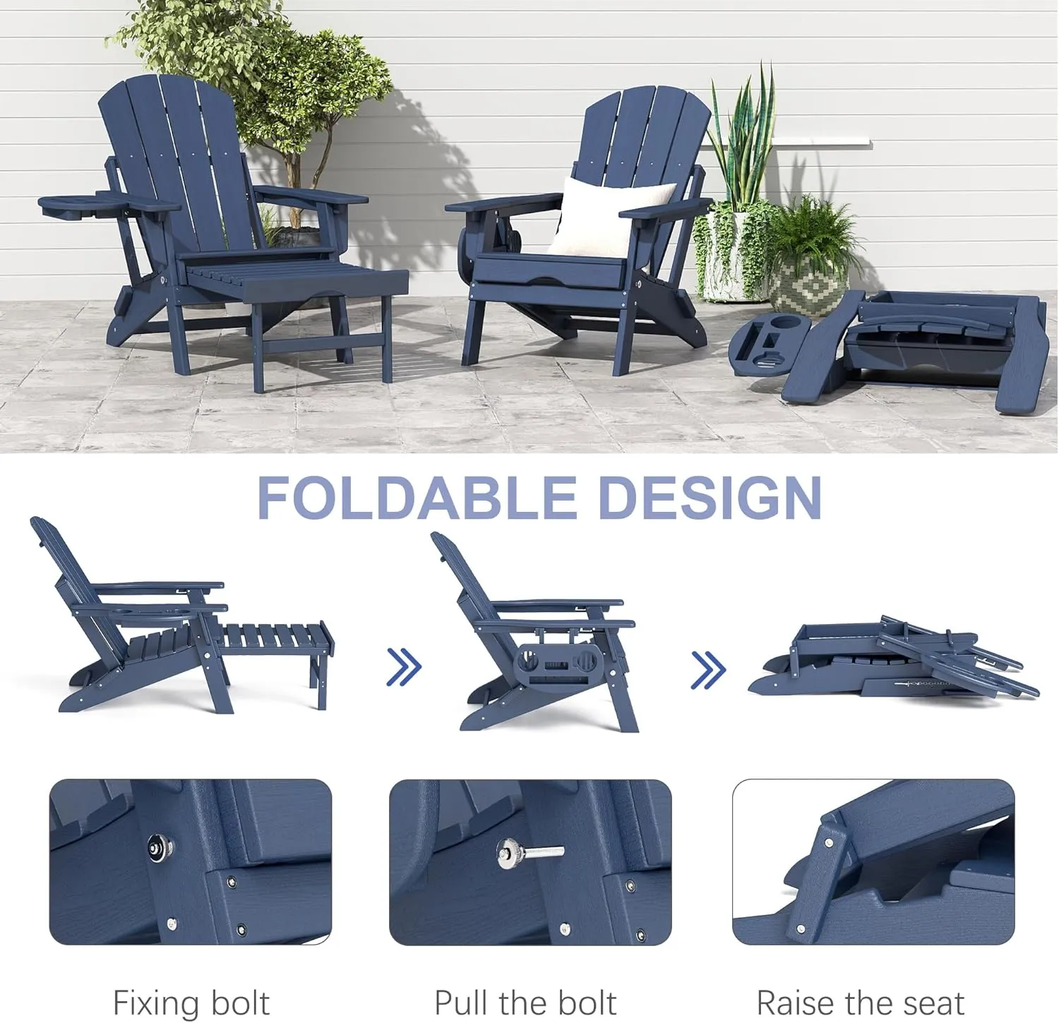 FOOWIN Adirondack Chair with Retractable Ottoman,HDPE Folding Adjustable Adirondack Chair w/4 in 1 Cup Holder Trays,All-Weather Resistant Fire Pit Chair for Outdoor Patio Lawn Oversized Outdoor Chair