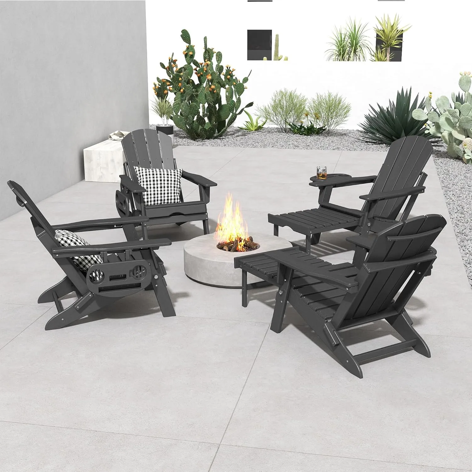 FOOWIN Adirondack Chair with Retractable Ottoman,HDPE Folding Adjustable Adirondack Chair w/4 in 1 Cup Holder Trays,All-Weather Resistant Fire Pit Chair for Outdoor Patio Lawn Oversized Outdoor Chair