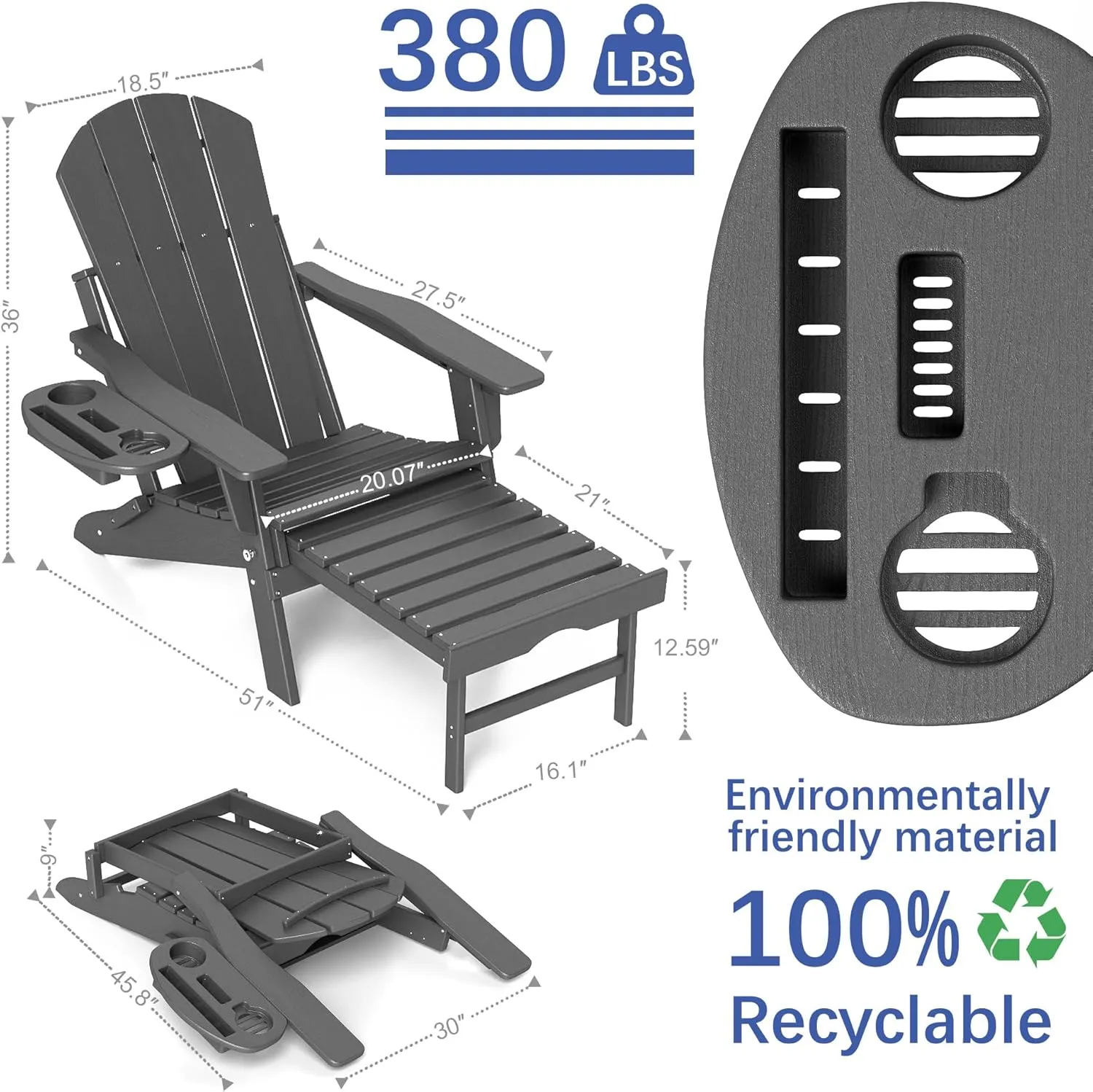 FOOWIN Adirondack Chair with Retractable Ottoman,HDPE Folding Adjustable Adirondack Chair w/4 in 1 Cup Holder Trays,All-Weather Resistant Fire Pit Chair for Outdoor Patio Lawn Oversized Outdoor Chair