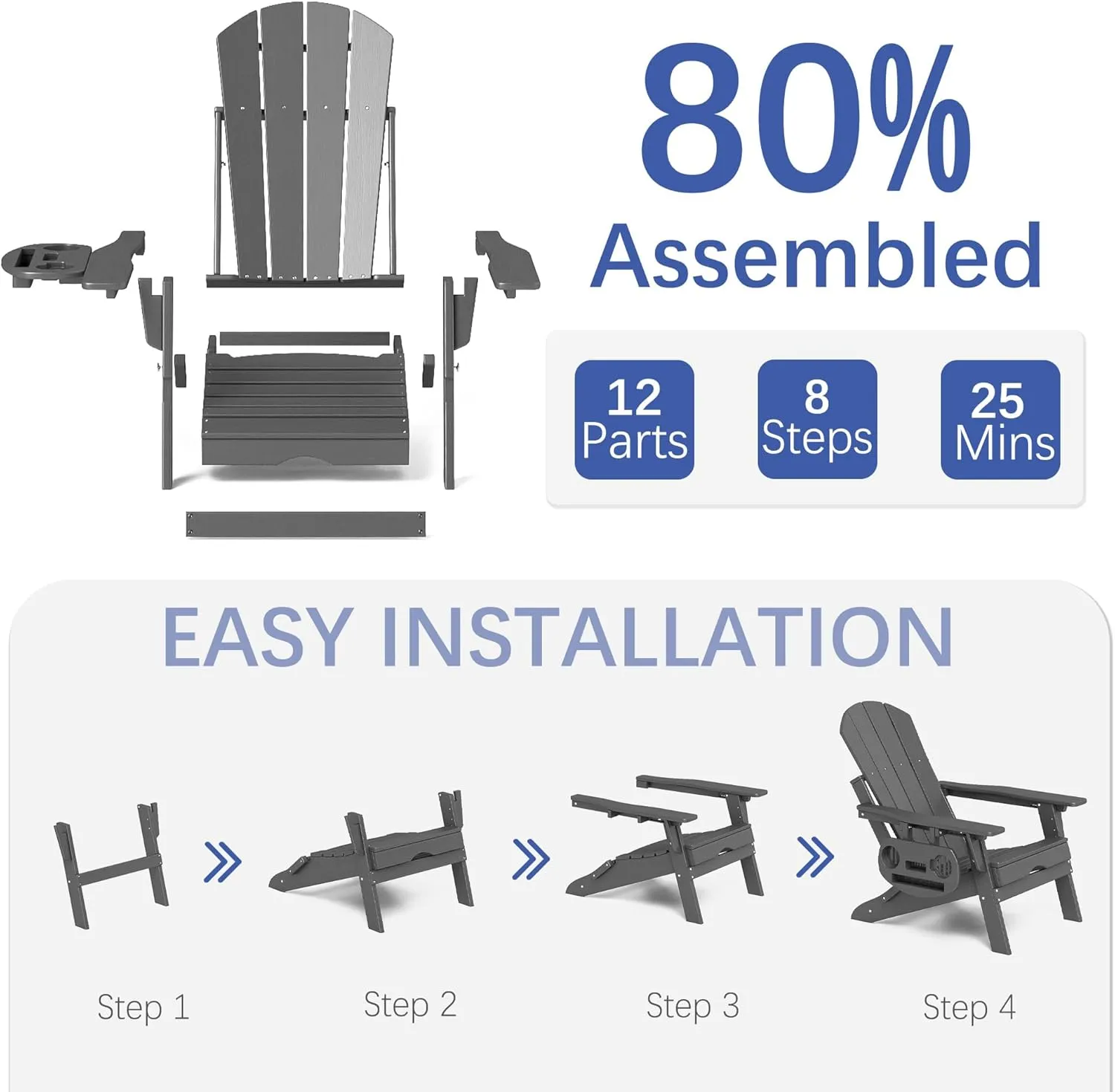 FOOWIN Adirondack Chair with Retractable Ottoman,HDPE Folding Adjustable Adirondack Chair w/4 in 1 Cup Holder Trays,All-Weather Resistant Fire Pit Chair for Outdoor Patio Lawn Oversized Outdoor Chair