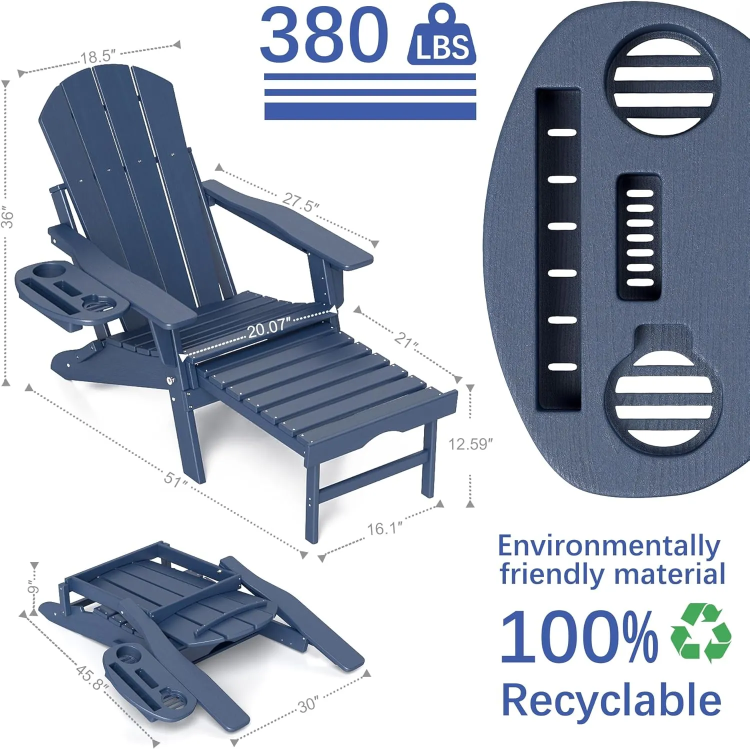FOOWIN Adirondack Chair with Retractable Ottoman,HDPE Folding Adjustable Adirondack Chair w/4 in 1 Cup Holder Trays,All-Weather Resistant Fire Pit Chair for Outdoor Patio Lawn Oversized Outdoor Chair
