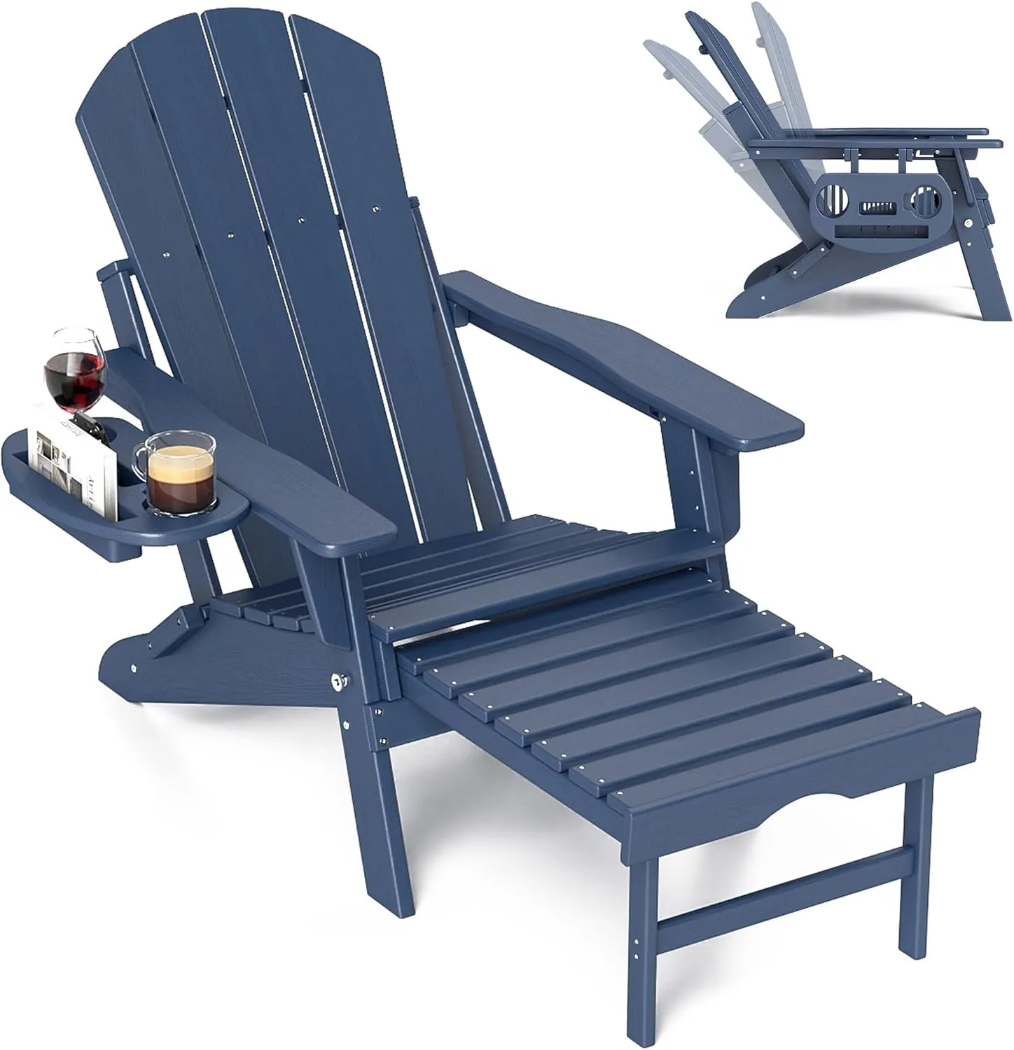 FOOWIN Adirondack Chair with Retractable Ottoman,HDPE Folding Adjustable Adirondack Chair w/4 in 1 Cup Holder Trays,All-Weather Resistant Fire Pit Chair for Outdoor Patio Lawn Oversized Outdoor Chair