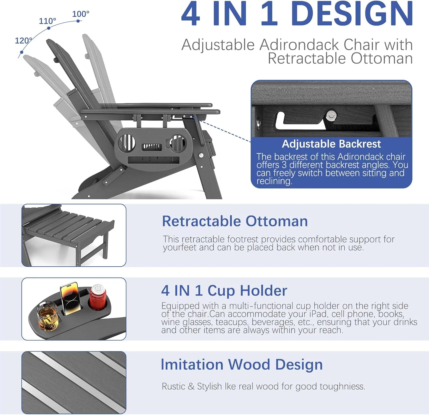 FOOWIN Adirondack Chair with Retractable Ottoman,HDPE Folding Adjustable Adirondack Chair w/4 in 1 Cup Holder Trays,All-Weather Resistant Fire Pit Chair for Outdoor Patio Lawn Oversized Outdoor Chair