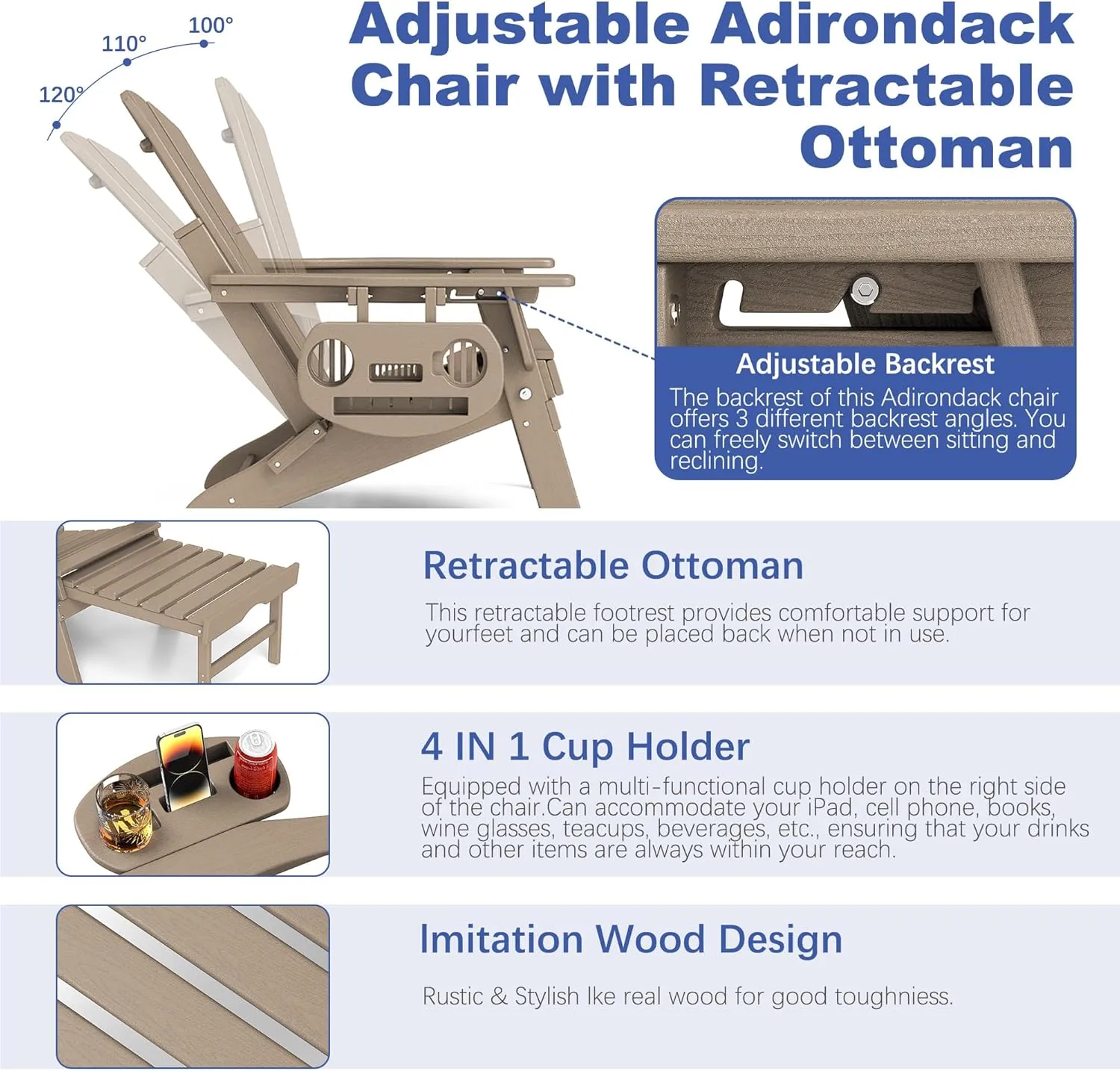 FOOWIN Adirondack Chair with Retractable Ottoman,HDPE Folding Adjustable Adirondack Chair w/4 in 1 Cup Holder Trays,All-Weather Resistant Fire Pit Chair for Outdoor Patio Lawn Oversized Outdoor Chair