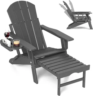 FOOWIN Adirondack Chair with Retractable Ottoman,HDPE Folding Adjustable Adirondack Chair w/4 in 1 Cup Holder Trays,All-Weather Resistant Fire Pit Chair for Outdoor Patio Lawn Oversized Outdoor Chair