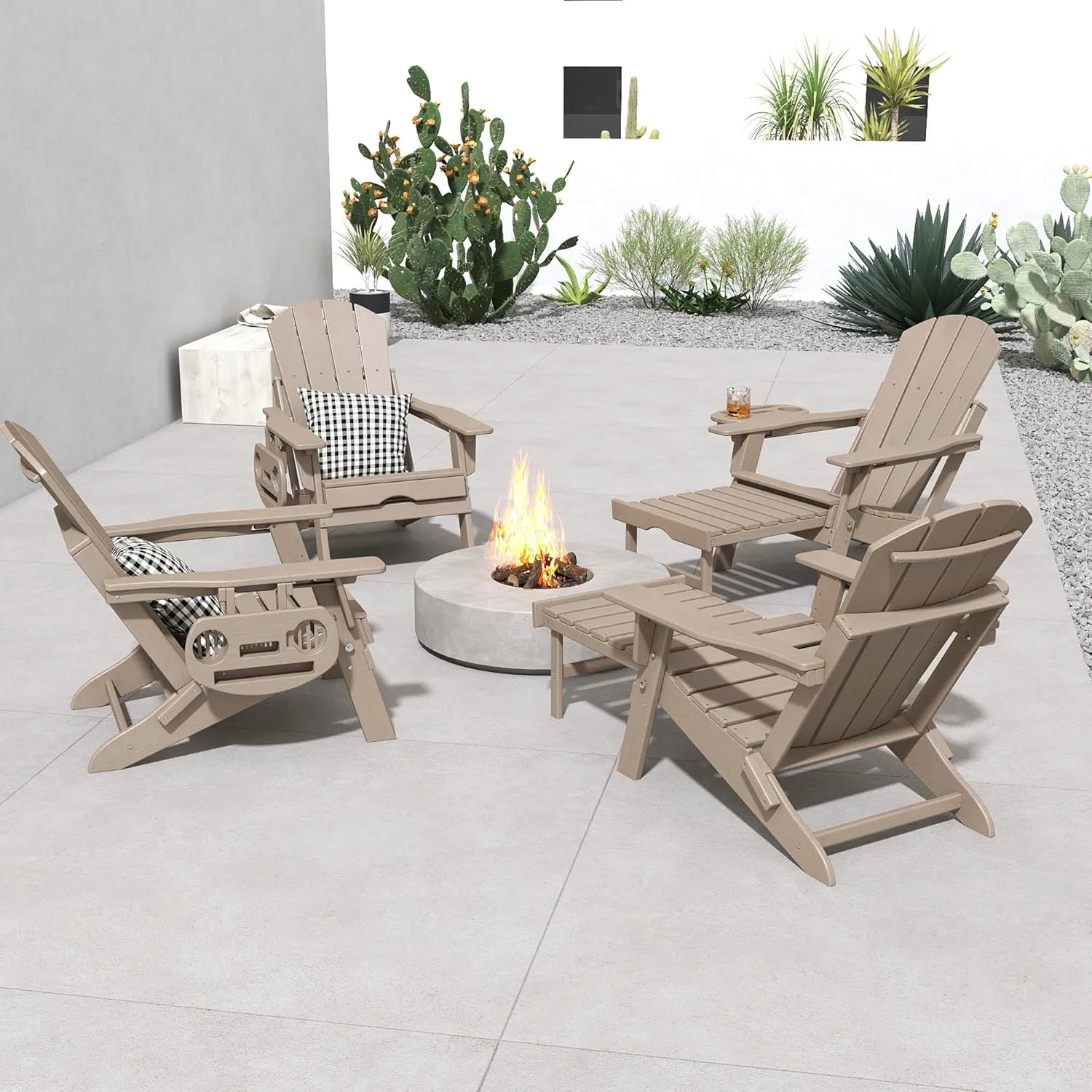 FOOWIN Adirondack Chair with Retractable Ottoman,HDPE Folding Adjustable Adirondack Chair w/4 in 1 Cup Holder Trays,All-Weather Resistant Fire Pit Chair for Outdoor Patio Lawn Oversized Outdoor Chair