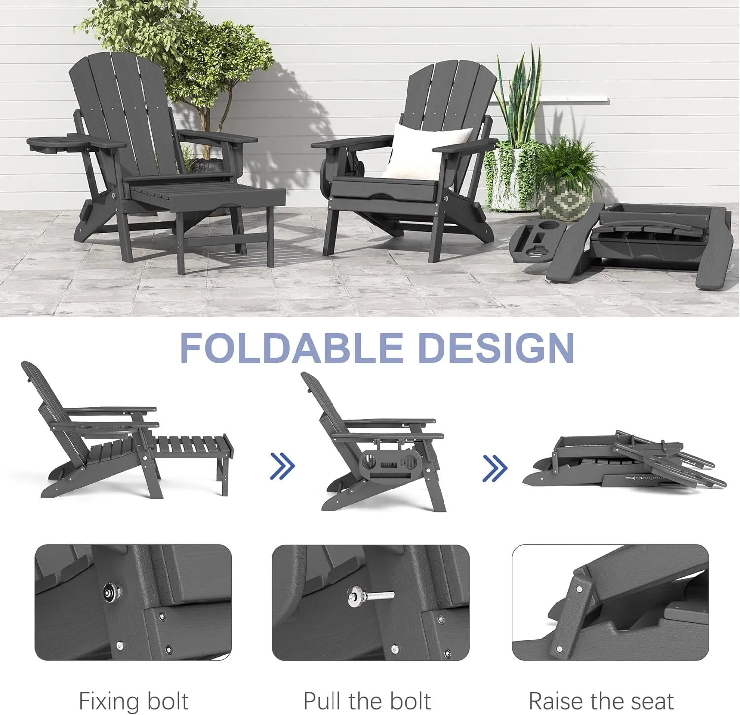 FOOWIN Adirondack Chair with Retractable Ottoman,HDPE Folding Adjustable Adirondack Chair w/4 in 1 Cup Holder Trays,All-Weather Resistant Fire Pit Chair for Outdoor Patio Lawn Oversized Outdoor Chair
