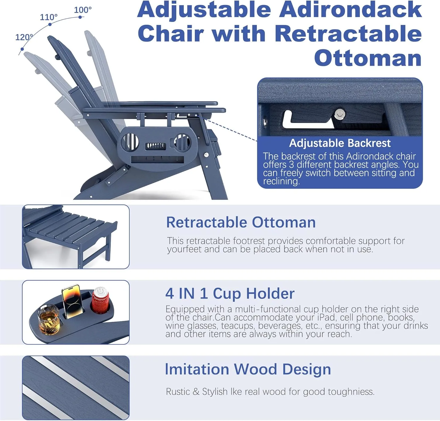 FOOWIN Adirondack Chair with Retractable Ottoman,HDPE Folding Adjustable Adirondack Chair w/4 in 1 Cup Holder Trays,All-Weather Resistant Fire Pit Chair for Outdoor Patio Lawn Oversized Outdoor Chair