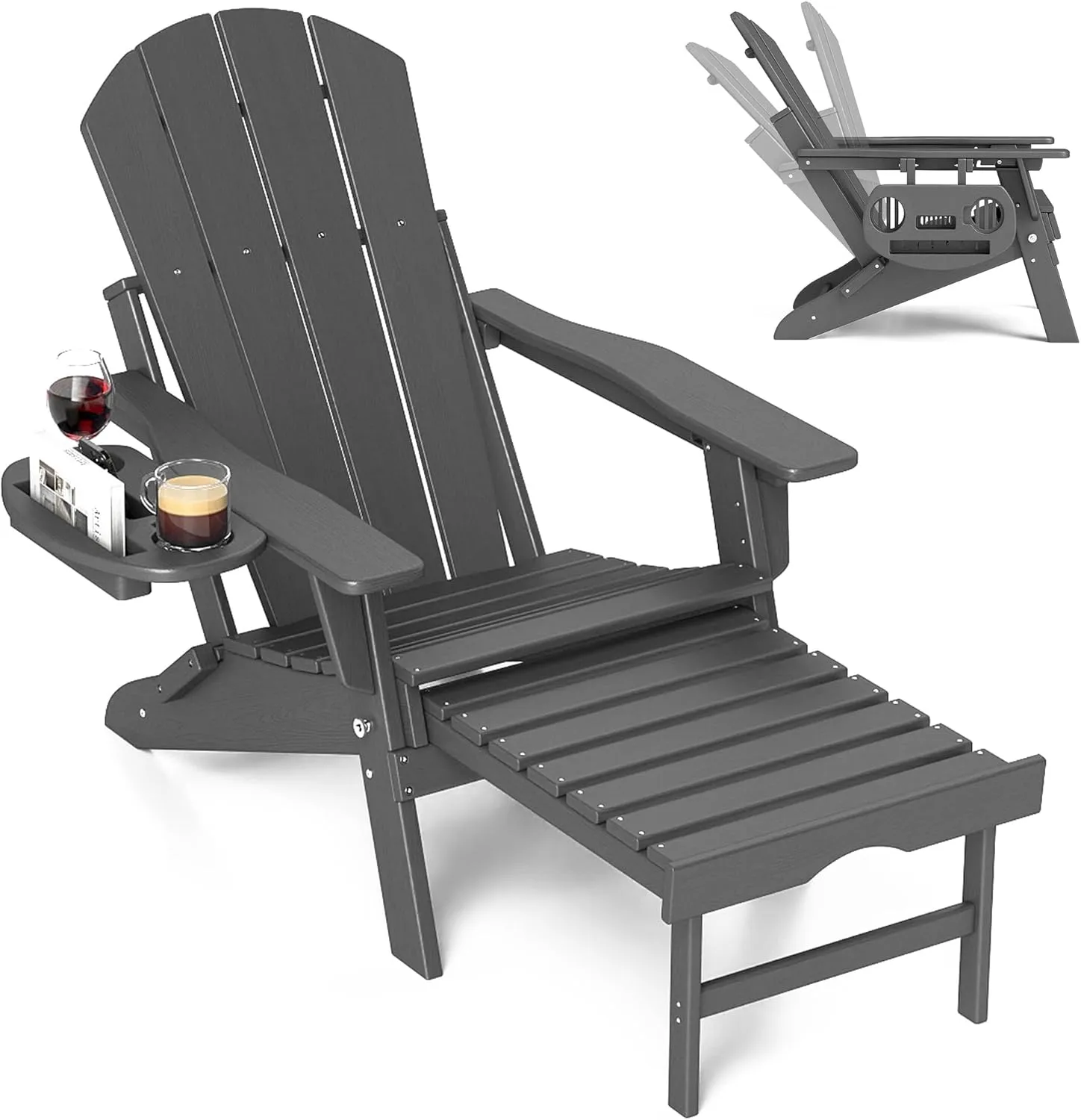 FOOWIN Adirondack Chair with Retractable Ottoman,HDPE Folding Adjustable Adirondack Chair w/4 in 1 Cup Holder Trays,All-Weather Resistant Fire Pit Chair for Outdoor Patio Lawn Oversized Outdoor Chair