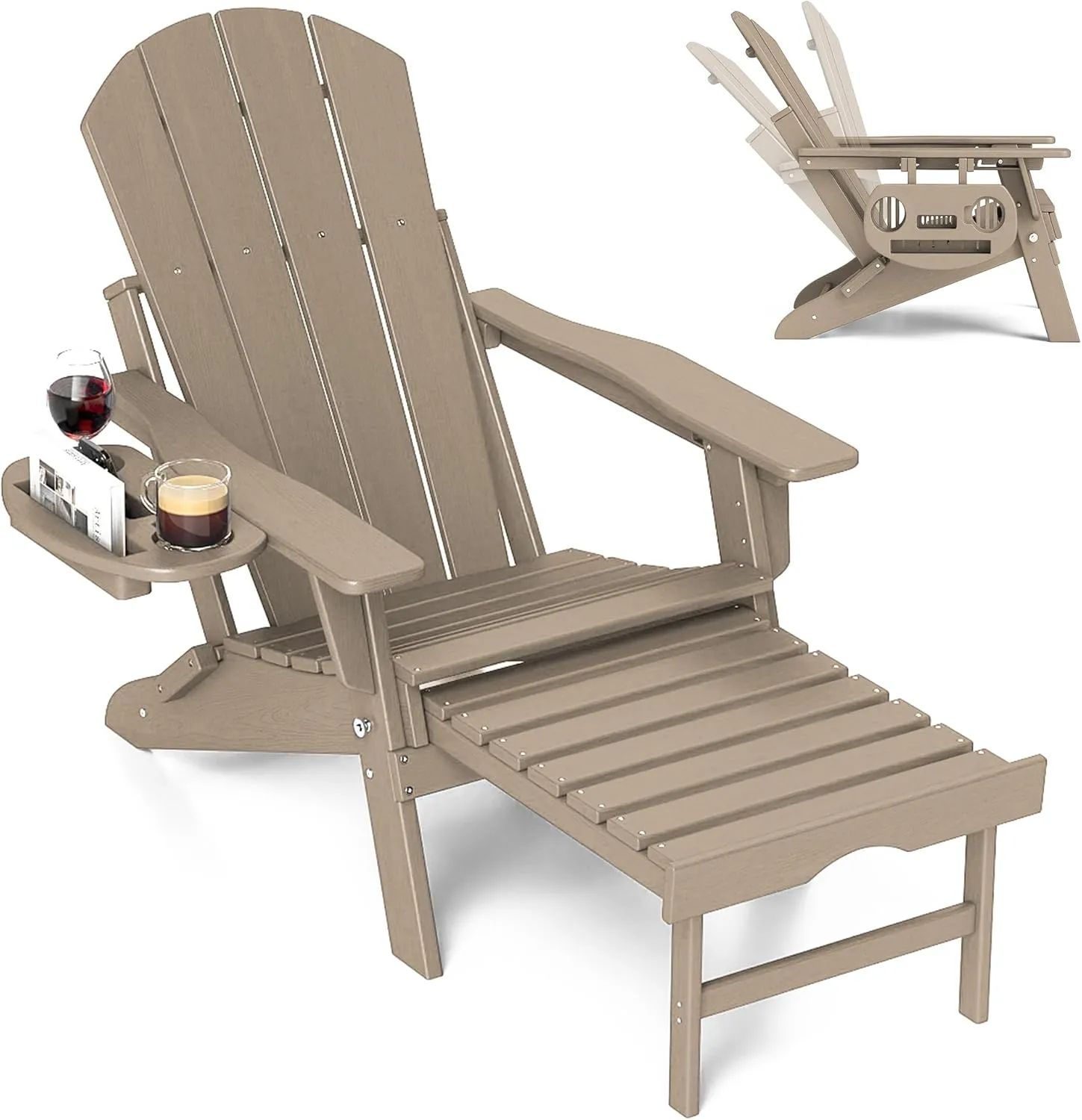 FOOWIN Adirondack Chair with Retractable Ottoman,HDPE Folding Adjustable Adirondack Chair w/4 in 1 Cup Holder Trays,All-Weather Resistant Fire Pit Chair for Outdoor Patio Lawn Oversized Outdoor Chair