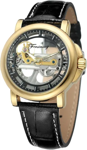 FORSINING Men's Automatic Mechanical Fashion Causel Leather Band Skeleton Self Winding Batteryless Watch