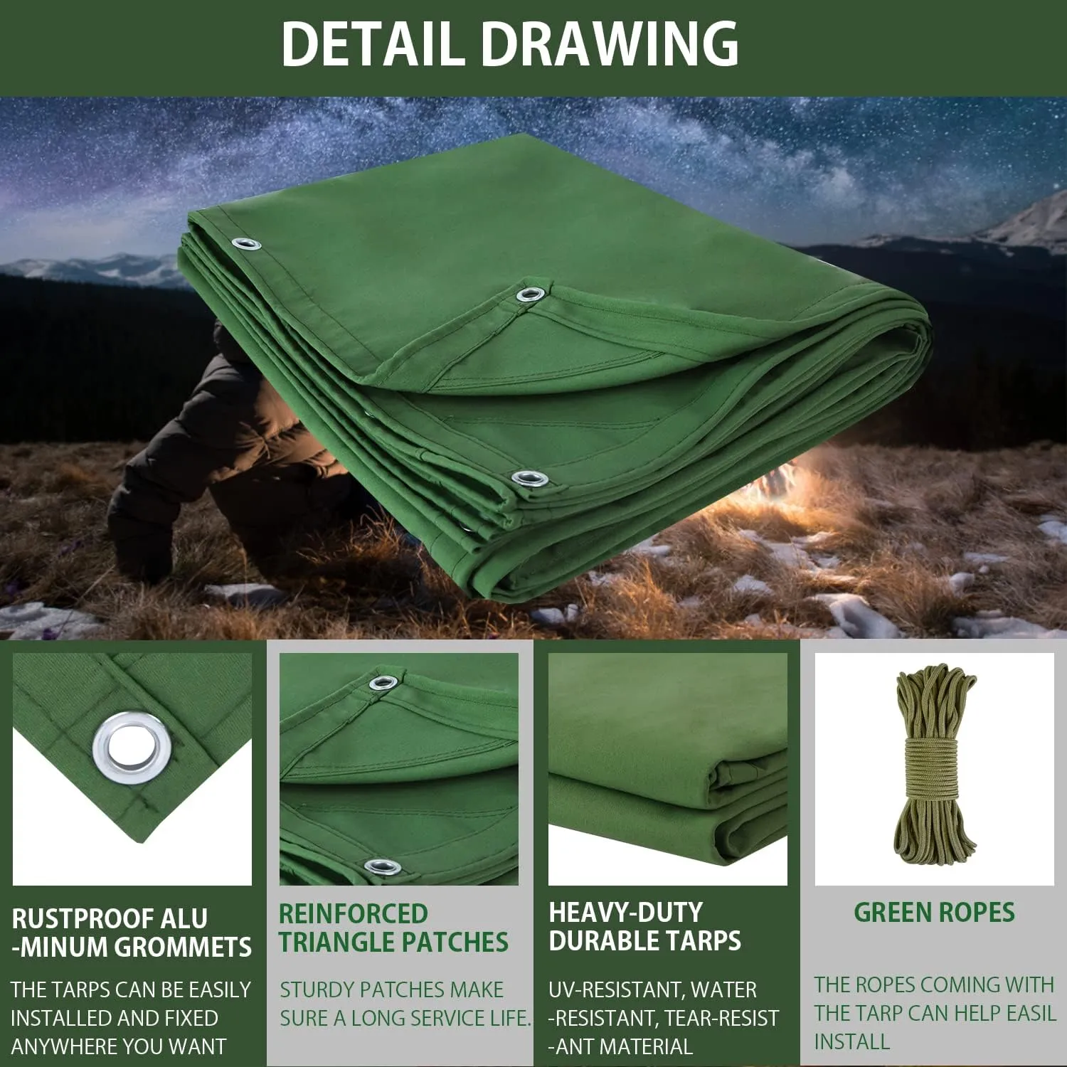 FoundGo Canvas Tarp 6x8ft Heavy Duty Waterresistant Tarps with Grommets, UV Resistant, 22 Mil Tarpaulin,14 oz Durable Cloth Covers for Car, Roof, Boat, Camp, Canopy, Woodpile with Ropes-Green