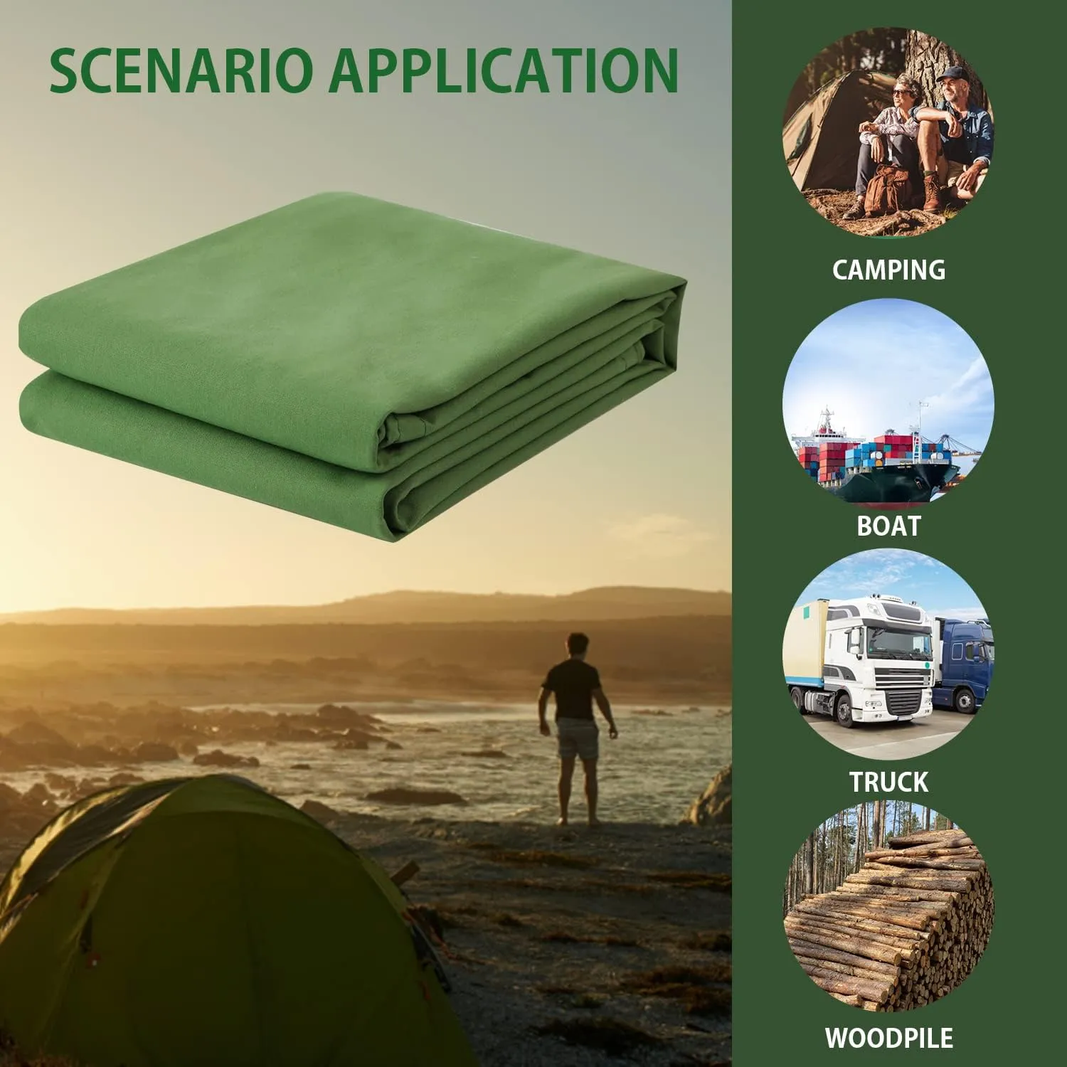 FoundGo Canvas Tarp 8x12ft Heavy Duty Waterresistant Tarps with Grommets, UV Resistant, 22 Mil Tarpaulin,14 oz Durable Cloth Covers for Car, Roof, Boat, Camp, Canopy, Woodpile with Ropes-Green