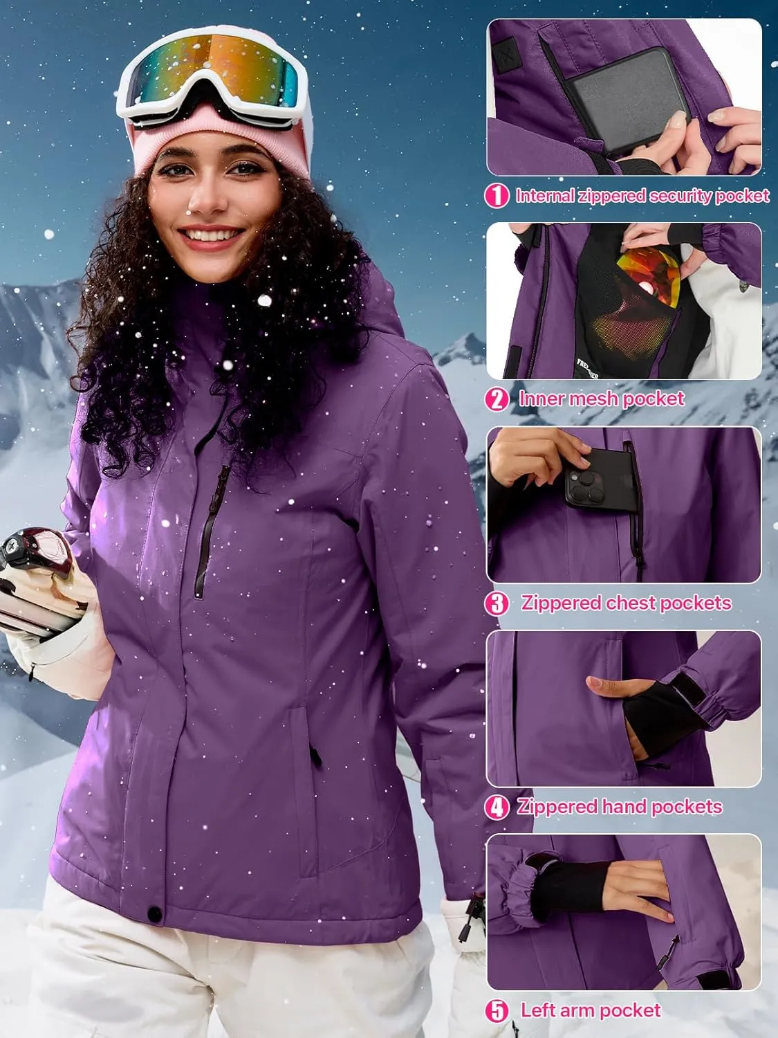 FREE SOLDIER Women's Waterproof Ski Snow Jacket Fleece Lined Warm Winter Rain Jacket with Hood Fully Taped Seams