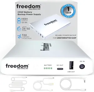 Freedom CPAP Battery Backup Power Supply, 160 Watt Hour, for Camping, Airline Travel & Power Outages (White)