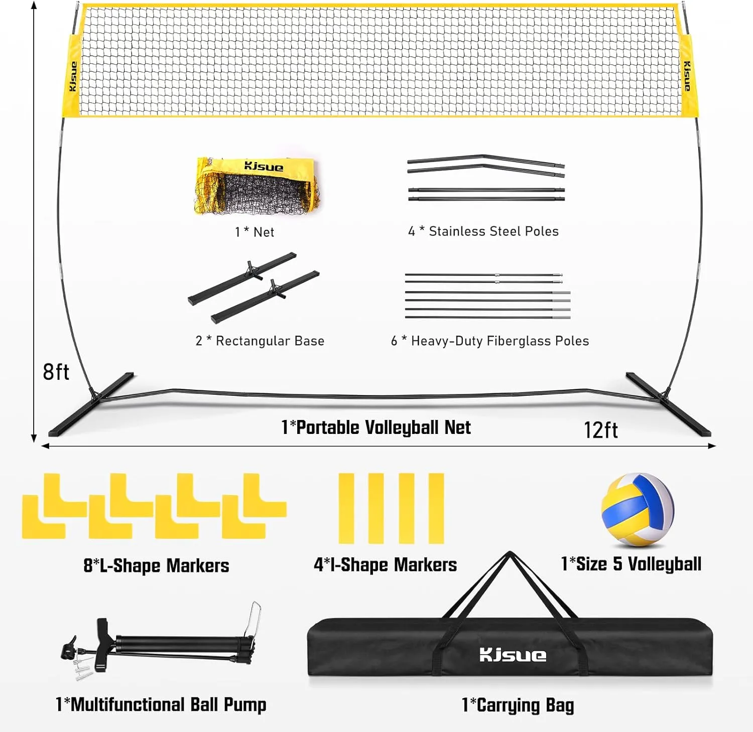 Freestanding Volleyball Net Set for Backyard - 12FT Portable Outdoor Volleyball Net Training Equipment with Soft Volleyball, Pump, Boundary Mark and Carry Bag for Park, Beach Games, Volleyball Sports