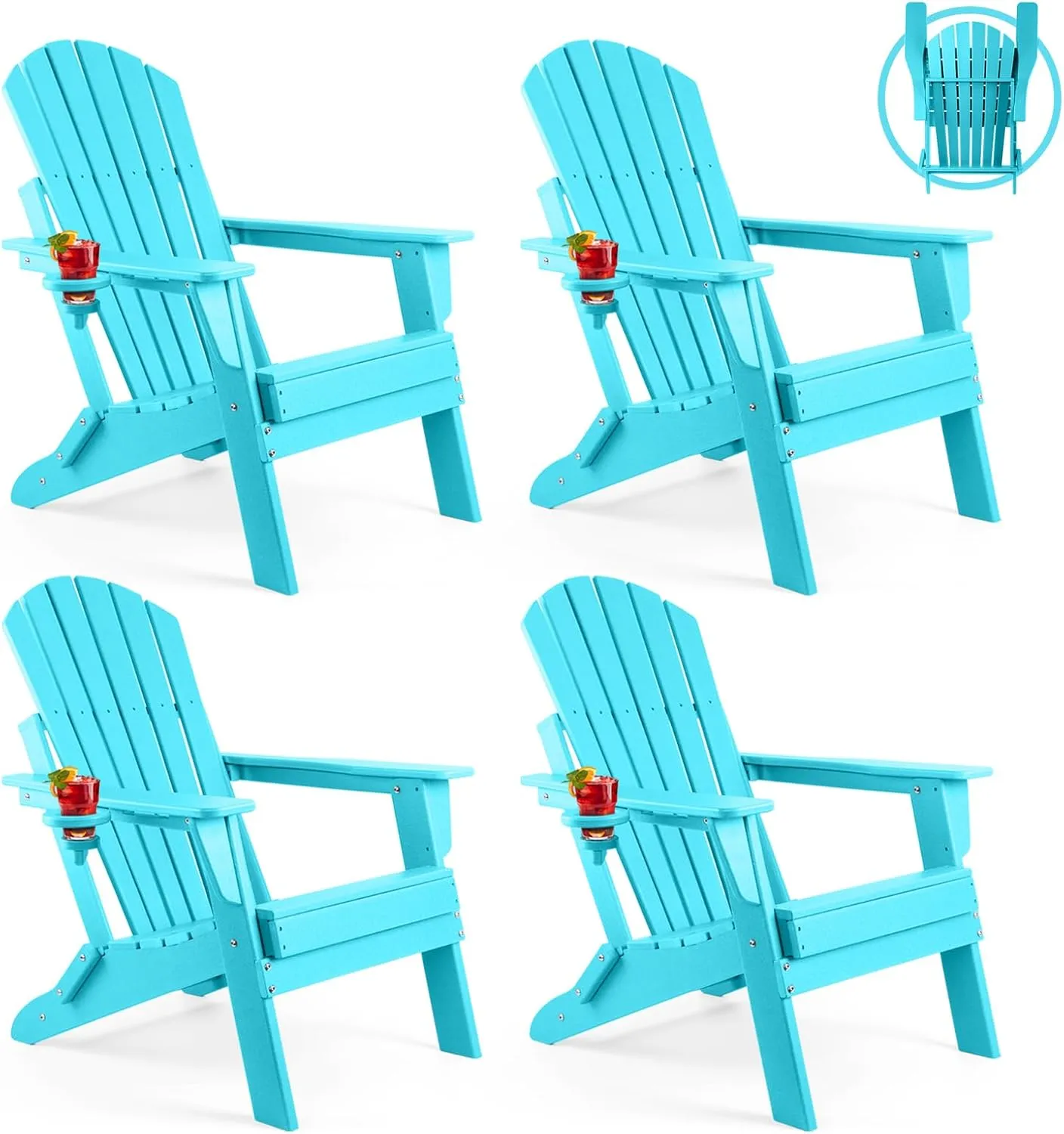 FUNBERRY Folding Adirondack Chair Set of 4, All Weather HDPE Fire Pit Chairs with Cup Holder for Outdoor