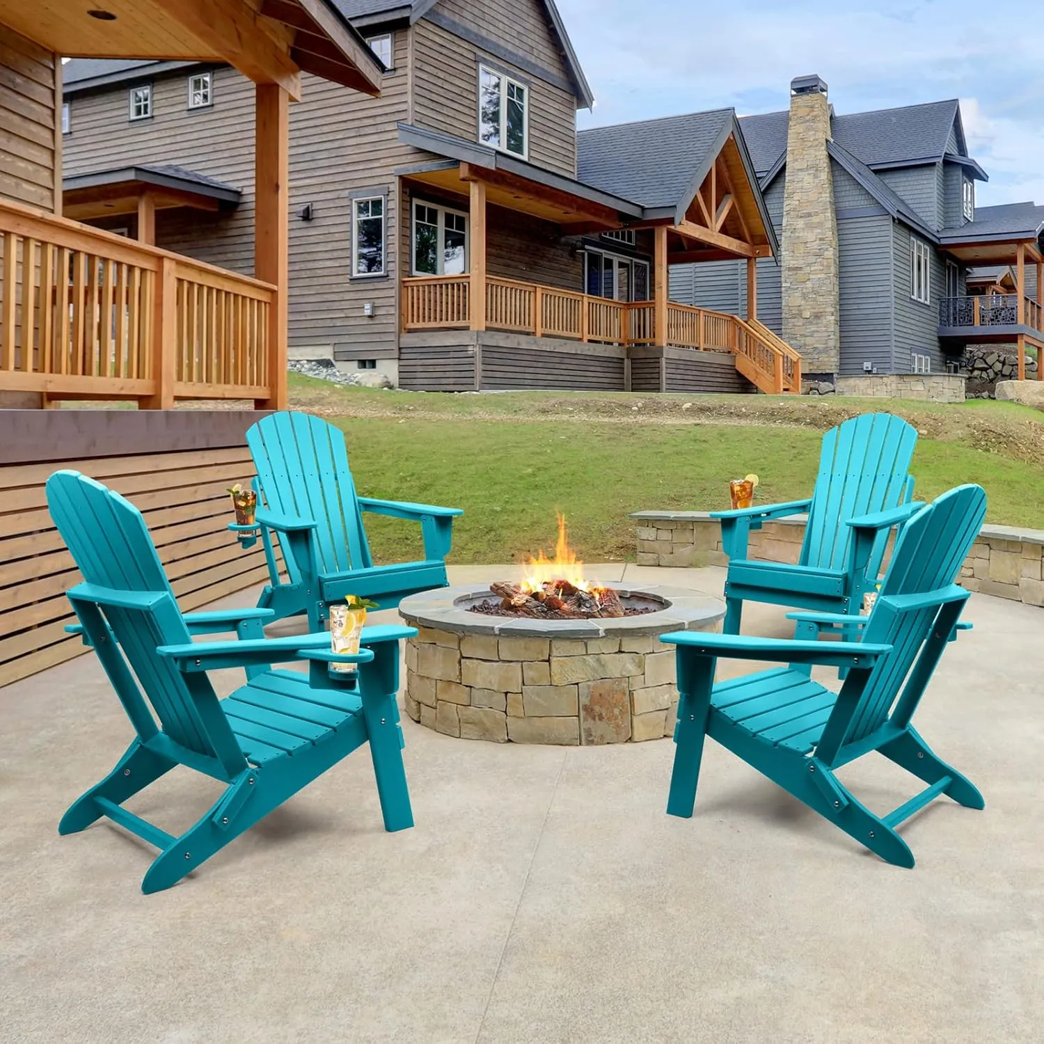 FUNBERRY Folding Adirondack Chair Set of 4, All Weather HDPE Fire Pit Chairs with Cup Holder for Outdoor