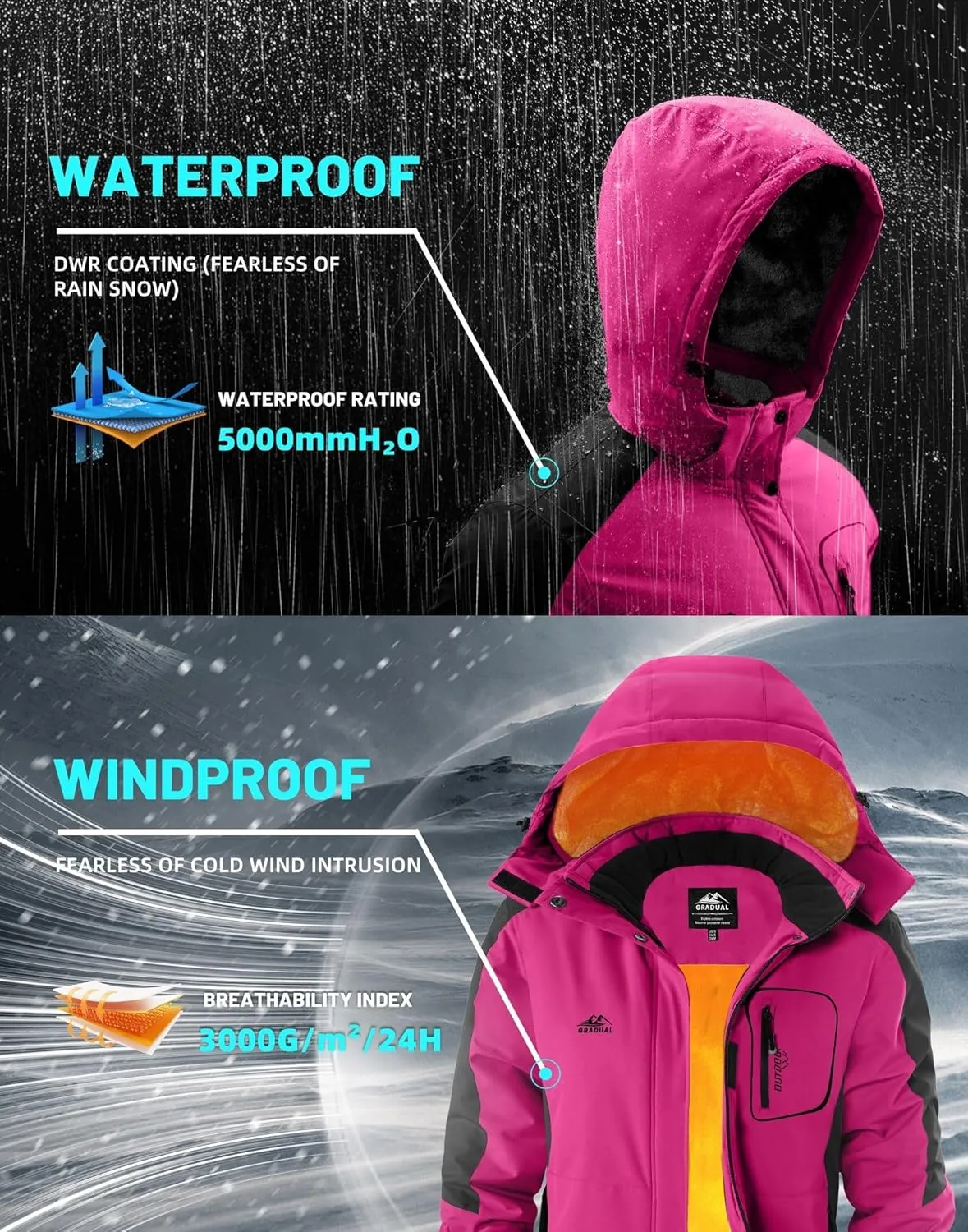 G Gradual Women's Ski Jackets Waterproof Insulated Fleece Lined Heavyweight Winter Jacket Hood Mountain Snowboarding Coat
