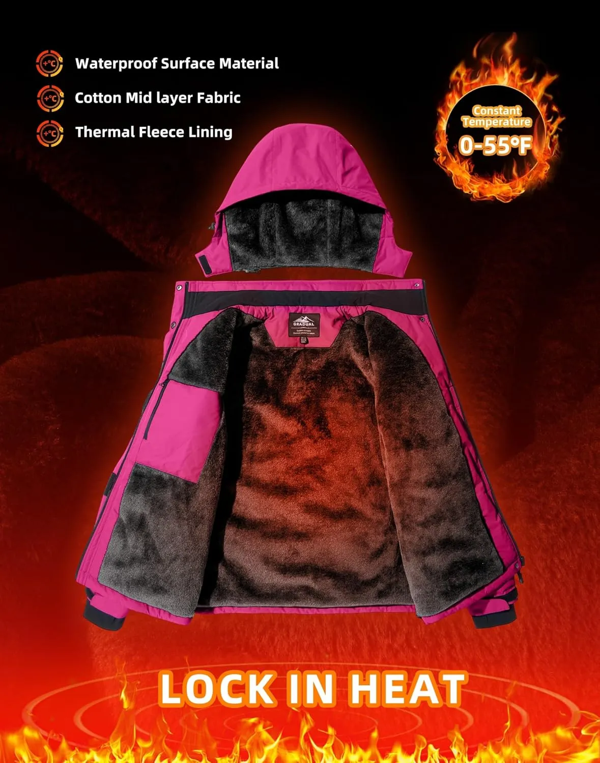 G Gradual Women's Ski Jackets Waterproof Insulated Fleece Lined Heavyweight Winter Jacket Hood Mountain Snowboarding Coat