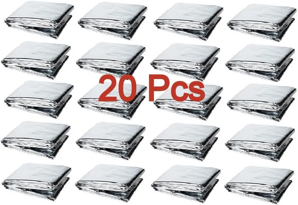 GALAXYLENSE Emergency Mylar Thermal Blanket for Survival First Aid Kits Army Outdoors Hiking Camping Bug Out Trauma Desert All Weather Condition Protection (20 Packs Silver)