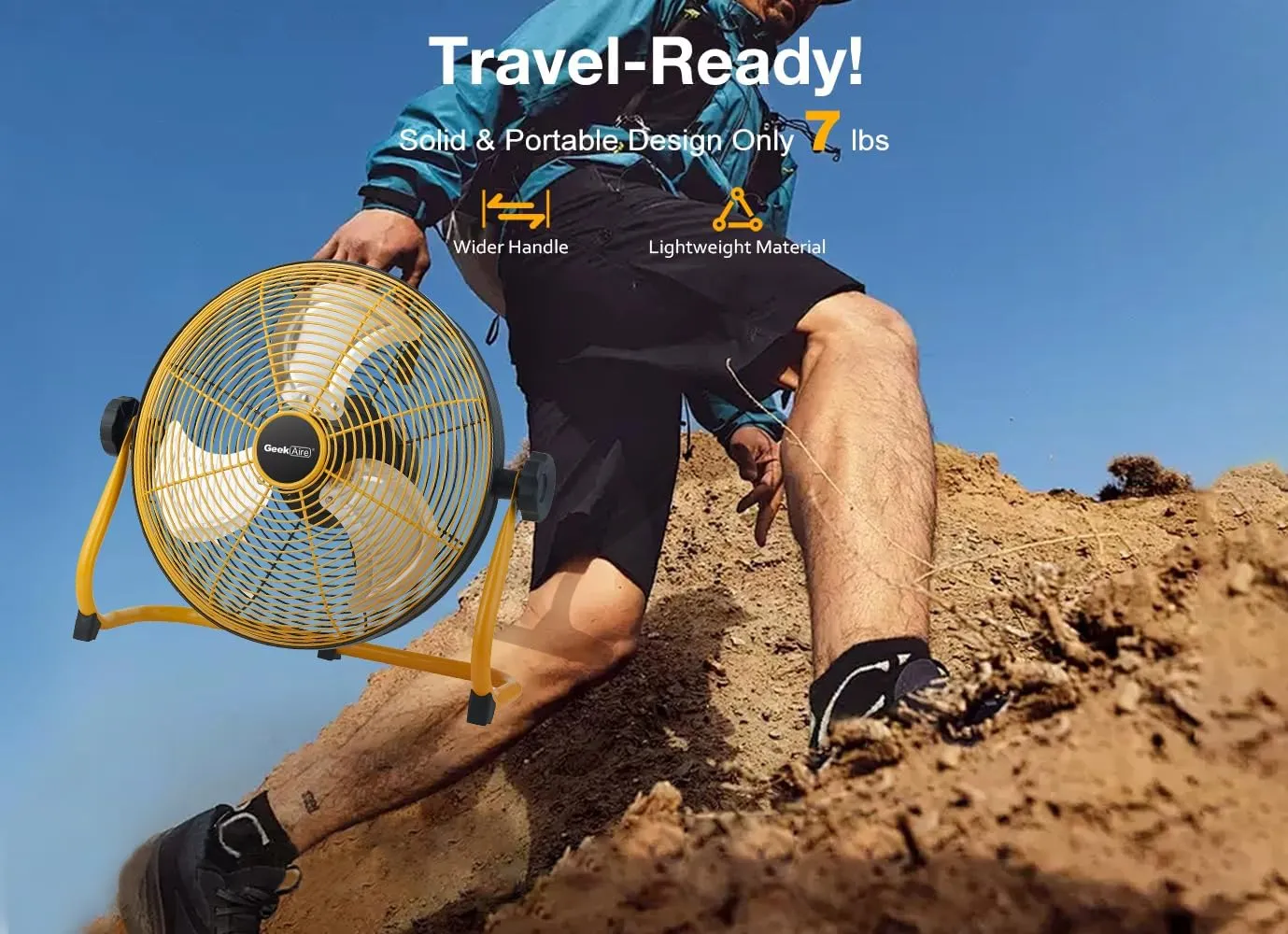 Geek Aire 12" Portable Battery Operated Fan with Metal Blade, 360 Vertical Tilt, 24h Run Time Cordless Fan for Camping Travel Tent Hurricane Home