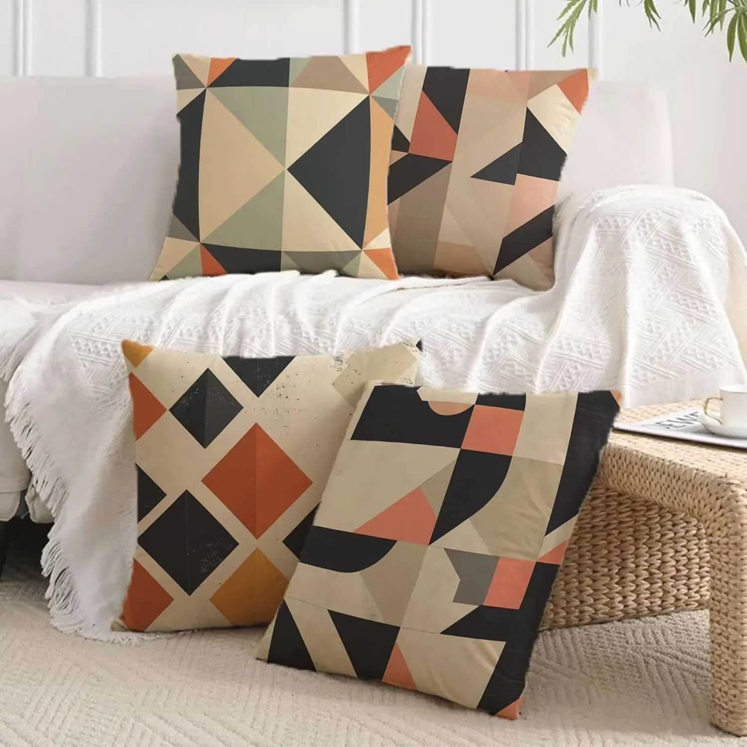Geometry Throw Pillow Covers 18x18 in Set of 4, Outdoor Pillows Waterproof Colour Pattern Design, Square Velvet Decorative Cushion Covers for Living Office Outdoor Garden Furniture Sofa Decor RR-L