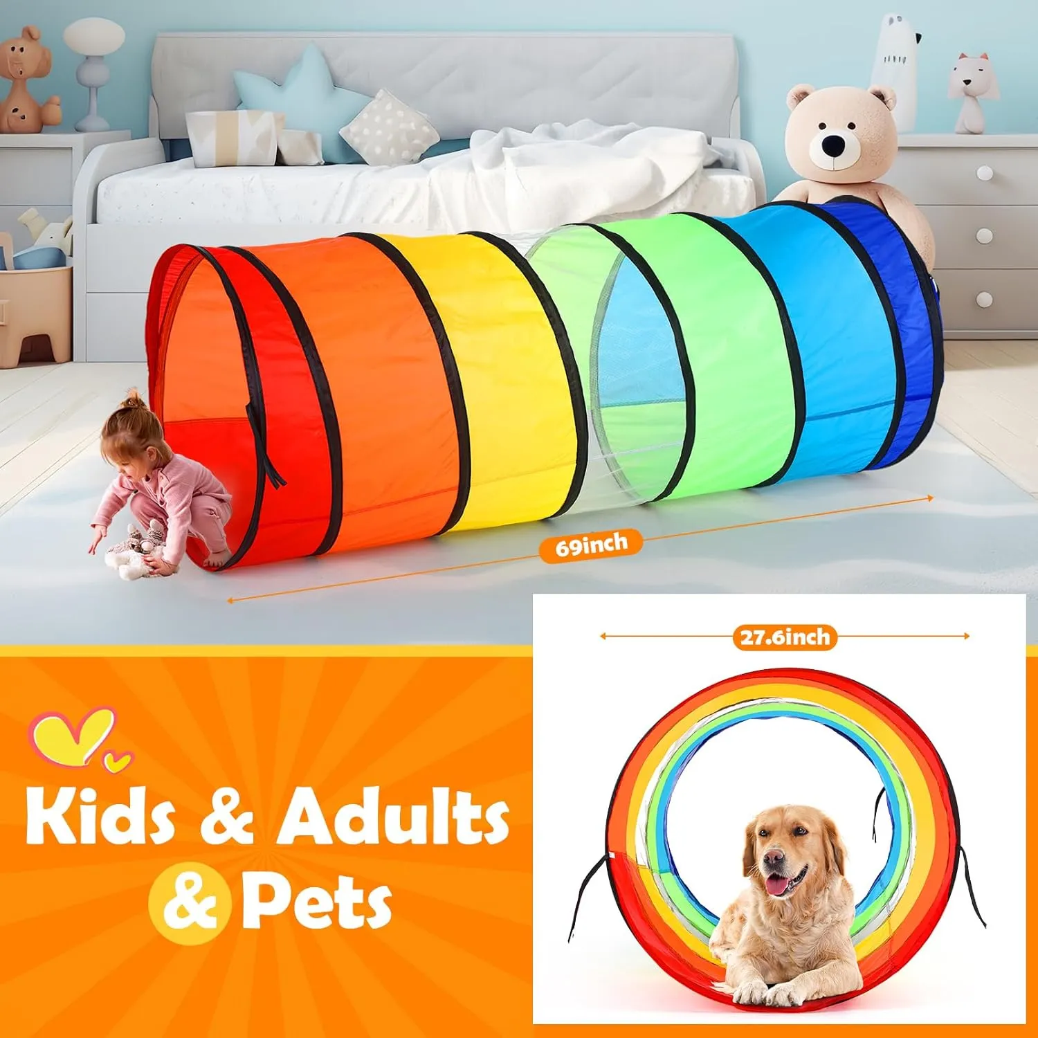 Giant 27.6 Inch Play Tunnel for Kids and Large Dogs Colorful Crawl Tunnel Toy for Toddlers Pet Opening Crawl Tunnel Toy with Breathable Mesh Game Tent Toy Girl Boy Gift(2 Pcs)