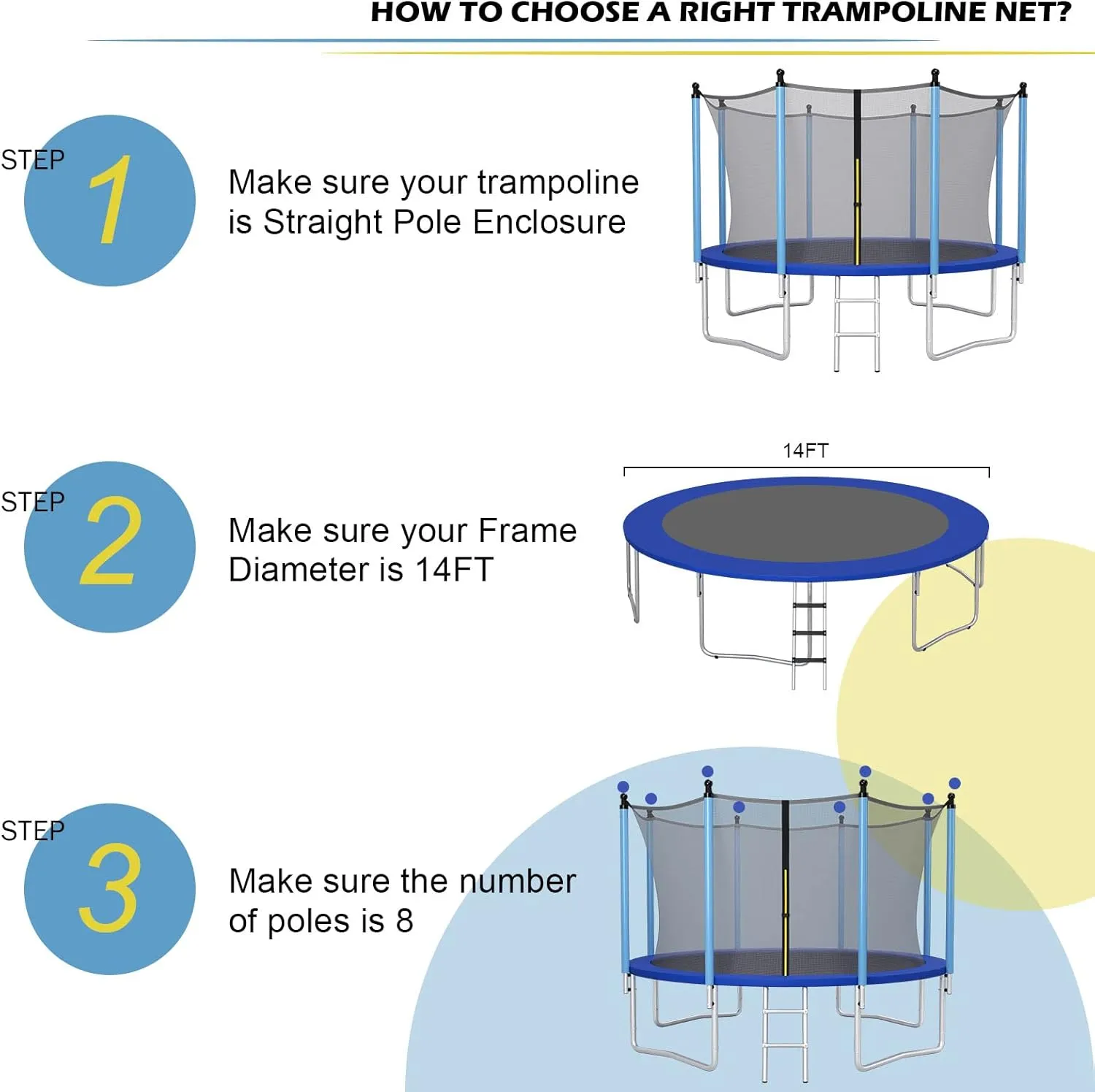 Giantex Trampoline Safety Net w/Adjustable Straps, 8 10 12 14 15 16Ft Weather-Resistant Replacement Enclosure Net with Double-Headed Zipper, Protection Buckle, Poles Not Included