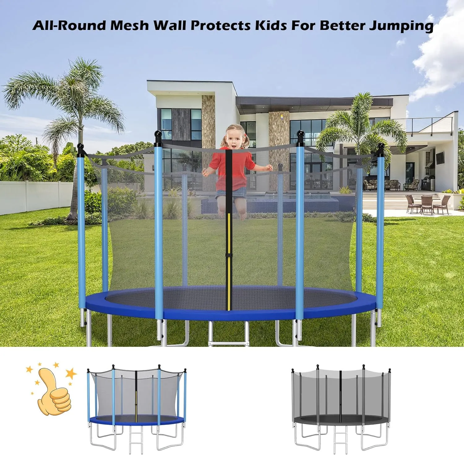 Giantex Trampoline Safety Net w/Adjustable Straps, 8 10 12 14 15 16Ft Weather-Resistant Replacement Enclosure Net with Double-Headed Zipper, Protection Buckle, Poles Not Included