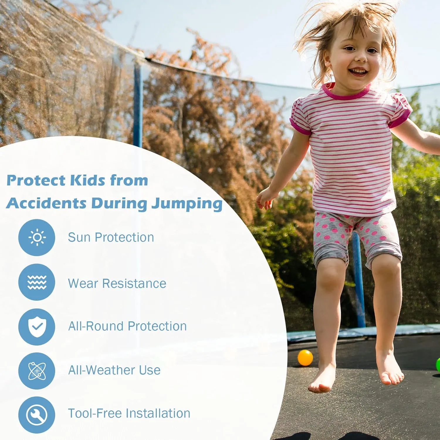 Giantex Trampoline Safety Net w/Adjustable Straps, 8 10 12 14 15 16Ft Weather-Resistant Replacement Enclosure Net with Double-Headed Zipper, Protection Buckle, Poles Not Included