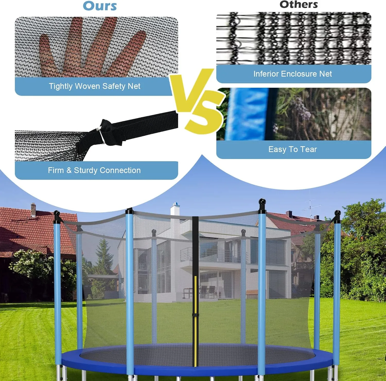 Giantex Trampoline Safety Net w/Adjustable Straps, 8 10 12 14 15 16Ft Weather-Resistant Replacement Enclosure Net with Double-Headed Zipper, Protection Buckle, Poles Not Included